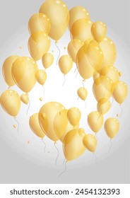 Yellow Balloon Background Gray Vector. Helium Flying Design. Gold Fest Ballon. Baloon Inflatable Set.