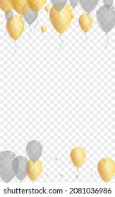 Yellow Balloon Background Transparent Vector. Helium Celebration Design. Gold Glossy Air. Confetti Flying Template.
