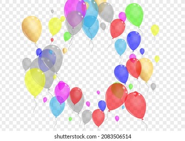 Yellow Balloon Background Transparent Vector. Helium Fun Design. Colorful Light. Blue Confetti. Toy Present Template.