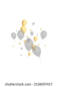 Yellow Balloon Background White Vector. Air Falling Set. Silver Latex Toy. Baloon Celebrate Illustration.