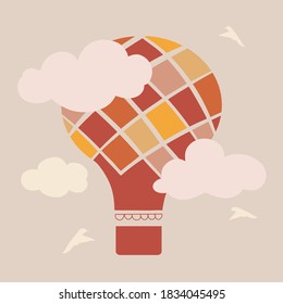 Yellow balloon flying in the sky with clouds. Flat cartoon design. Vector background.