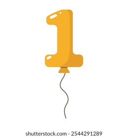 Yellow balloon shaped as number one with string.Birthday party flat decoration,celebration festive symbol,numeric holiday design.Isolated.Vector illustration.