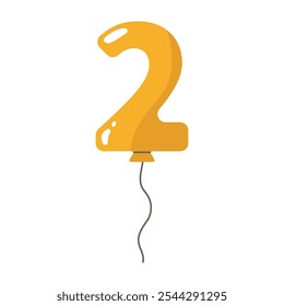 Yellow balloon shaped as number one with string.Birthday party flat decoration,celebration festive symbol,numeric holiday design.Isolated.Vector illustration.