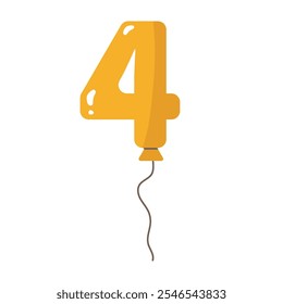 Yellow balloon shaped as number one with string.Birthday party flat decoration,celebration festive symbol,numeric holiday design.Isolated.Vector illustration.
