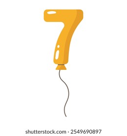 Yellow balloon shaped as number one with string.Birthday party flat decoration,celebration festive symbol,numeric holiday design.Isolated.Vector illustration.