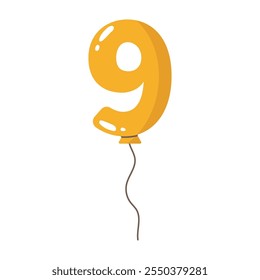 Yellow balloon shaped as number one with string.Birthday party flat decoration,celebration festive symbol,numeric holiday design.Isolated.Vector illustration.