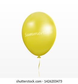 Yellow balloon with text 'Summertime' vector. Party baloon with ribbon isolated on background. Holidays ballon decoration symbol. Vector illustration.