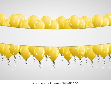 yellow balloons in center with falling white confetti and gray background