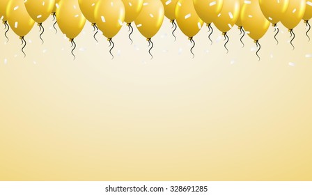 yellow balloons on the top with falling white confetti and yellow background