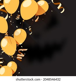 Yellow balloons and serpentine confetti. Spooky face halloween black background. Vector festive illustration.