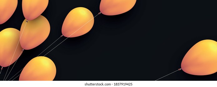 Yellow balloons with threads on black background. Space for text. Vector festive illustration.