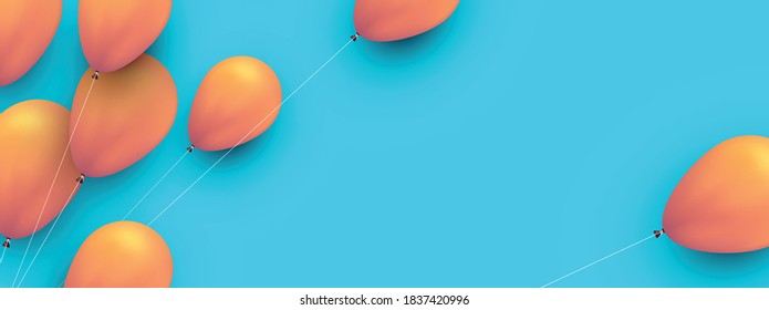 Globos amarillos con hilos de fondo azul. Espacio para texto. Ilustración festiva vectorial.