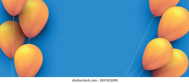 Yellow balloons with threads on blue background. Space for text. Vector festive illustration.