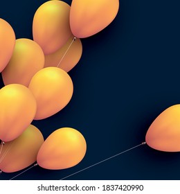 Yellow balloons with threads on dark blue background. Space for text. Vector festive illustration.