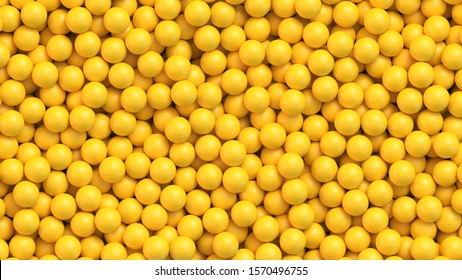 Yellow balls background. Pile of yellow toy balls, sugar coated candy, pills or vitamins. Realistic vector background