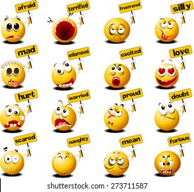 yellow balls with placards in their hands, vector and illustration