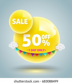 Yellow balls sale banner for promotion and poster advertising. Vector illustration.