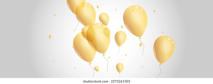 Yellow Baloon Background Gray Vector. Balloon Celebrate Design. Golden Decoration Air. Helium Falling Set.