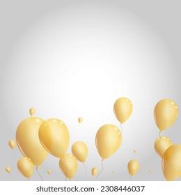 Yellow Baloon Background Gray Vector. Balloon Abstract Frame. Gold Love Ballon. Confetti Anniversary Template.