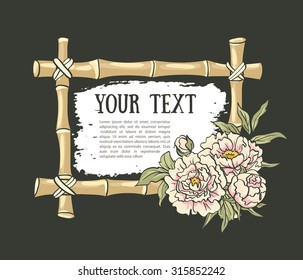 Yellow bamboo frame with peonies. Vector illustration.