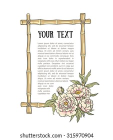 Yellow bamboo frame with peonies. Vector illustration.