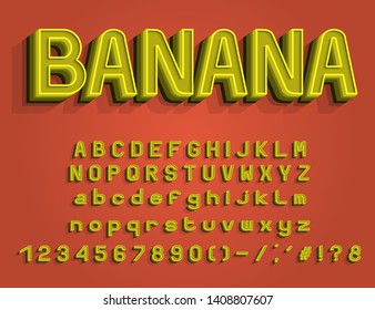 Yellow banana Alphabet. Vector 3D layered typeface. Bright vintage font for food design. English capital and small letters, numbers. - Shutterstock ID 1408807607