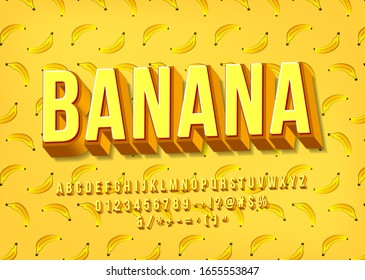 Yellow banana Alphabet. Vector 3D layered typeface. English capital and small letters, numbers, symbols