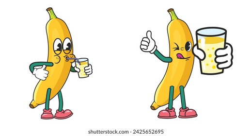 Yellow banana cartoon character drinking juice with thumb up gesture. Banana Groovy cartoon mascot logo vector illustration