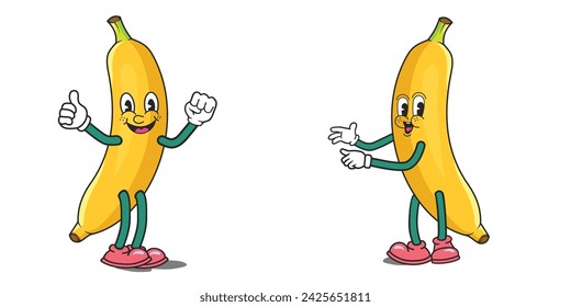 Yellow banana cartoon character giving thumb up. Cheerful banana Groovy cartoon. vector illustration