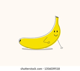 Yellow Banana in cartoon line style. Vintage Banana with shadow. Banana vector icon. 