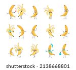 Yellow banana character with happy or sad emotions, panic, loving or brave face, hands and legs. Cheerful fruit, exotic person with mask, glasses or hat. Vector flat illustration 