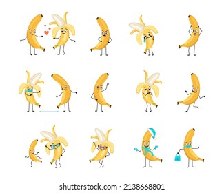 Yellow banana character with happy or sad emotions, panic, loving or brave face, hands and legs. Cheerful fruit, exotic person with mask, glasses or hat. Vector flat illustration 