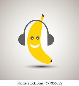 Yellow banana emoji listening to music with headset. Emoticon for apps. Banana fruit yellow happy smiley face with headset and music. Musical emoji.