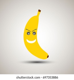 Yellow banana emoji with sarcastic smart look. Emoticon for app. Yellow banana fruit smiley face with sarcastic and smart smile. Sarcastic emoji.