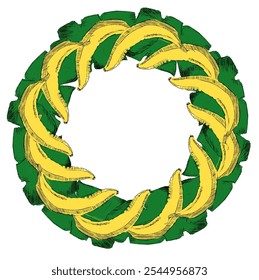 Yellow banana frame with leaves. Exotic fruit round circle template. Retro vector illustration. Place for your text. Design for invitation, banner, card, poster, flyer
