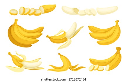 Yellow Banana Fruit Whole and Chopped with Peel and Without Vector Set