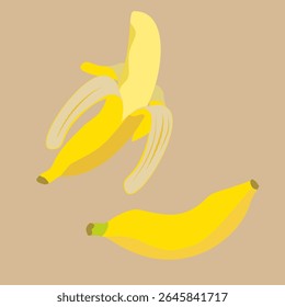 Yellow banana fruit, whole and peeled banana icon. Organic tropical fruit for juice, smoothie or healthy food. Vector illustration.
