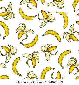 Yellow banana fruits on a white background. Hand drawing, sketch, seamless pattern.
