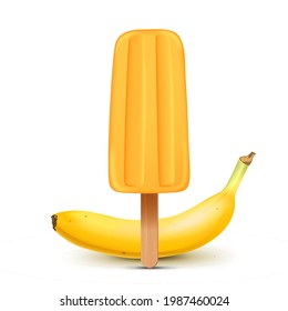 Yellow banana ice cream with popsicle stick. Realistic banana isolated on white background.