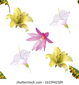 Yellow Banana Leaf. Yellow Lilium. White Hibiscus. Purple Hatiora. Vector illustration. Seamless background pattern. Floral botanical flower. Wild leaf wildflower isolated. Exotic tropical hawaiian.