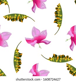Yellow Banana Leaf. Pink Magnolia. Vector illustration. Seamless background pattern. Floral botanical flower. Wild leaf wildflower isolated. Exotic tropical hawaiian jungle. Fabric wallpaper print.