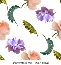 Yellow Banana Leaf. Pink Rose. Green Palm Leaf. Violet Clematis. Vector illustration. Seamless background pattern. Floral botanical flower. Wild leaf wildflower isolated. Exotic tropical hawaiian.