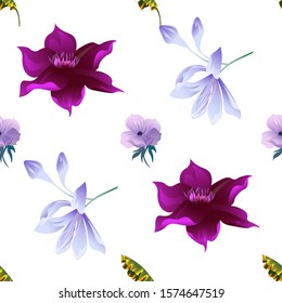Yellow Banana Leaf. Violet Agapanthus Lily. Purple Clematis. Violet Anemone. Vector illustration. Seamless background pattern. Floral botanical flower. Wild leaf wildflower isolated. Exotic tropical.