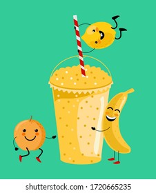 Yellow banana, orange, lemon smoothie vitamin drink vector illustration. Cute cartoon fruits with mug. Tasty natural fruit, straw and glass with yellow layer of smoothie cocktail. 