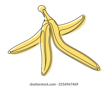 Yellow banana peel line isolated on white background. Simple silhouette of peel. Hand drawn banana outline. Vector illustration