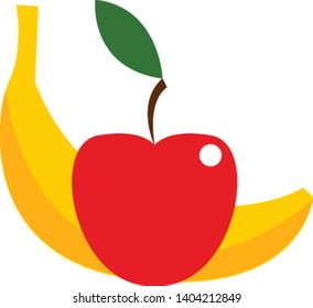 A yellow banana and a red apple, vector, color drawing or illustration. 