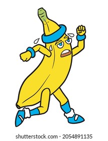 Yellow Banana running and sweating. This headband and sneaker character runs races. vector illustration, white background, isolated figure.