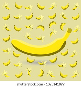 
a yellow banana shaded in the center surrounded by a bunch of bananas and bananas peeled in a single color over a dark yellow background
