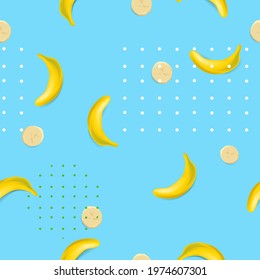 The yellow banana and banana slices seamless pattern on bright blue background. Minimal trendy summer concept. Vector illustration