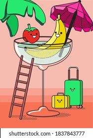 Yellow Banana with Strawberry Chilling in a Martini Glass with Pink Umbrella and Stairs. Sunset Background with Palm Leaves and Colorful Suitcases. Funny Greeting Card. Flat Vacation Concept.